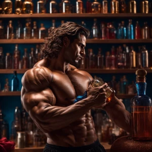 Create an image of a muscular, masculine genie with brown hair,...