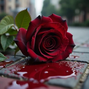 Hyperrealistic black rose very detailed sharp imagery with blood...