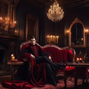 A charismatic vampire lounging in a gothic parlor, with a dark crimson cape draped over a velvet chair. Candlelight illuminates their features, casting sharp shadows across the intricate carvings on the surrounding furniture.