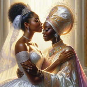 Imagine a hyper-realistic oil painting that captures a tender moment between theAfrican American bride and her God. The setting is intimate and filled with soft, warm lighting that enhances the emotional depth of the scene. The bride, in herexquisite wedding gown, shares a heartfelt embrace with her african-American Lord Jesus , who is dressedin an elegant outfit that complements the wedding's color scheme. Their expressions are full of love, pride, and joy, reflecting the special bond between them. Theattention to detail is paramount, from the intricate designs of their dresses to the subtle emotions conveyed in their facial expressions. The background is a blur ofgentle pastel hues, ensuring that the focus remains on this touching moment. Thispainting should convey the warmth, love, and depth of the relationship, with the rich textures and vibrant strokes characteristic of oil paintings, capturing the essence of this significant pre-wedding moment.