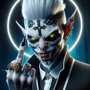 "A striking, close-up portrait of a rebellious goblin with white...