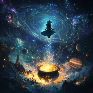 Create a 2.5D image featuring an alien witch floating above a lu...