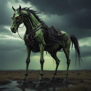 Zombified skeletal horse-beast in a desolate moor under a storm-...