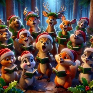 A chorus of animated the forest friends singing Christmas carols...