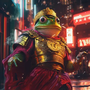 Pepe the Frog dressed as an ancient Roman emperor, wearing a gol...