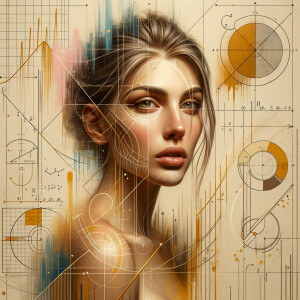 Abstract, minimalist, art cardiogram, charts complex, mathematical formulas, spontaneous lines, and paint marks, paint in hair, golden ratio