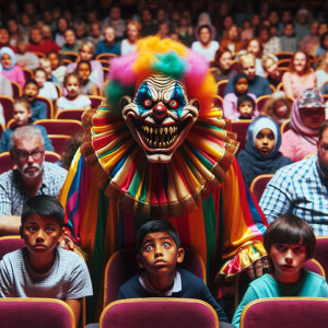 People tied to their chairs in the circus look at the scary clow...