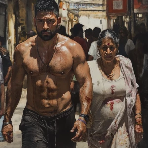 realism style art,a muscular sweaty beefy man walking  with his...