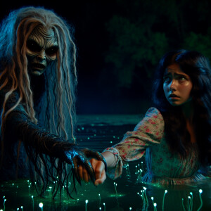 A scary Mermaid pulls a black-haired girl by the hand into the l...