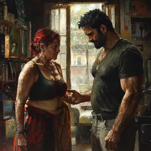 Realistic art ,A muscular sweaty man talking to his 54 year old...