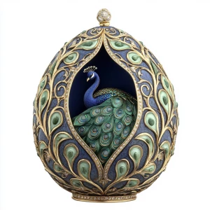 Create an image of an exquisitely crafted Faberge egg, featuring...