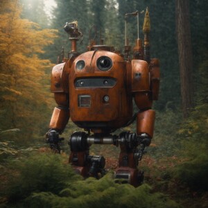 photorealistic image. rusty robot in a forest surrounded by his...
