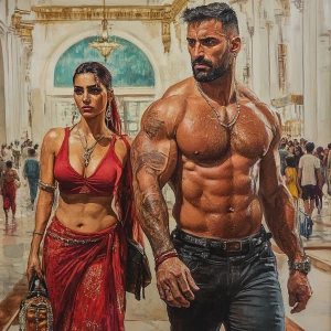 fantasy  painting 1:1.A sweaty muscular man, walking with his 54...