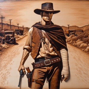 An old west cowboy standing in the middle of the road, six shoot...