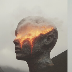Surrealist humanoid, contrasting textures and elements, fire and...
