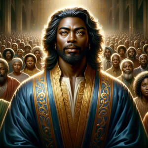 Illustrate an inspiring African-American Jesus crust with a dign...