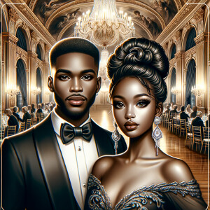 Depict an African American duo at a lavish gala. The gentleman s...
