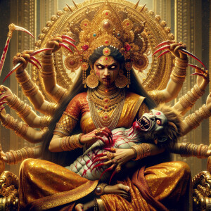 portrait of angry looking, four-armed indian goddess sitting on...