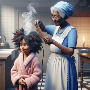 Create a realistic 3-D image of an african-American grandmother wearing a blue house dress and a white apron . She is in the kitchen with her african-American granddaughter. Her granddaughter is wearing a pink bath robe. The grandmother has a hot comb in her hand and she is straightening her granddaughters hair. One side of her granddaughters hair is in  a Afro the other straight 
There is smoke coming from the hot comb
The granddaughter is making a face