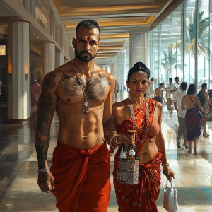 Realism,photo,A sweaty tattoed muscular man walking with his 46...