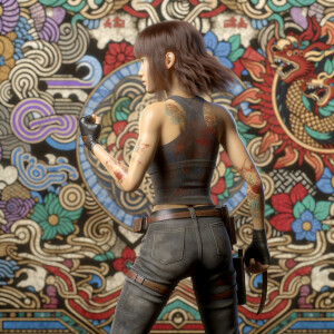 Athletic Thin skinny Attractive, Asian teenage girl, long brown hair and bangs, wearing tight skinny jeans and a halter top paint marks on her clothing, heroic pose Asian graffiti background, backside view