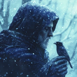 portrait side view of Grim Reaper wearing a blue velvet  hooded...