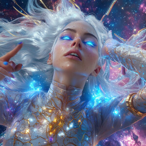 A celestial sorceress with glowing blue eyes, silver hair flowin...