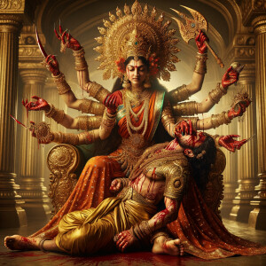portrait of angry looking, four-armed indian goddess sitting on...