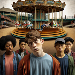 An abandoned playground. A 12-year-old unconscious boy is sittin...