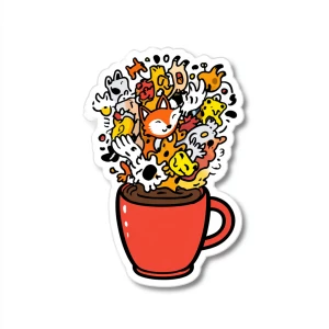die-cut sticker design of a coffee cup, overflowing with a chaot...