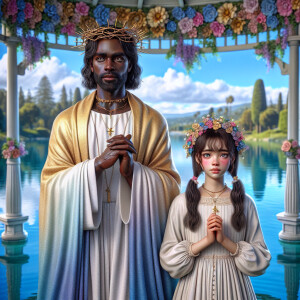 In a serene lakeside setting, under a gazebo adorned with 3-D fl...