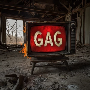 A tube TV with the word “GAG” on fire in a dilapidated house
