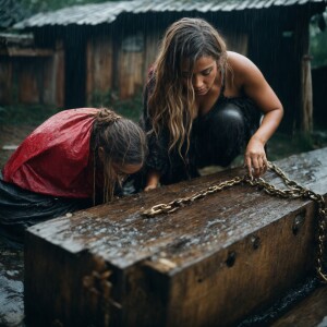 A drenched Wench clothes torn, squatting,  chained to a feeding...