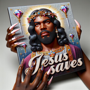 A 3D realistic artwork featuring the phrase 'Jesus Saves' adorne...