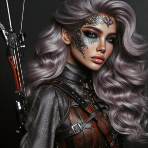 A beautiful huntress from the “Monster Hunter” series with dark...
