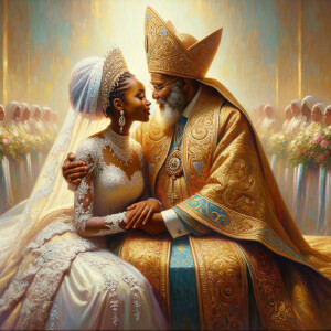 Imagine a hyper-realistic oil painting that captures a tender moment between theAfrican American bride and her God. The setting is intimate and filled with soft, warm lighting that enhances the emotional depth of the scene. The bride, in herexquisite wedding gown, shares a heartfelt embrace with her african-American Lord Jesus , who is dressedin an elegant outfit that complements the wedding's color scheme. Their expressions are full of love, pride, and joy, reflecting the special bond between them. Theattention to detail is paramount, from the intricate designs of their dresses to the subtle emotions conveyed in their facial expressions. The background is a blur ofgentle pastel hues, ensuring that the focus remains on this touching moment. Thispainting should convey the warmth, love, and depth of the relationship, with the rich textures and vibrant strokes characteristic of oil paintings, capturing the essence of this significant pre-wedding moment.