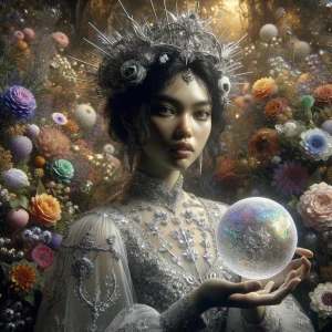 Beautiful girl in silver crystal dress, black hair and crown of...