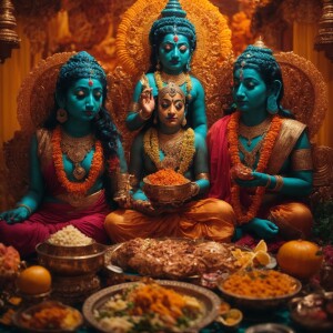 Depict Hindu gods and goddesses thinking about a feast of delect...