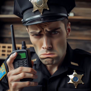 A sheriff's deputy in uniform, with a frustrated expression, acc...