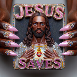 A 3D realistic artwork featuring the phrase 'Jesus Saves' adorne...