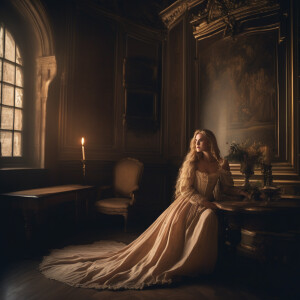 A beautiful blonde woman in a 17 century nightgown in a 17th cen...