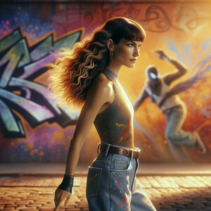 Sexy, Asian teen girl wearing skin tight jeans and a halter top long hair and bangs paint marks on her clothing, graffiti background heroic pose side view