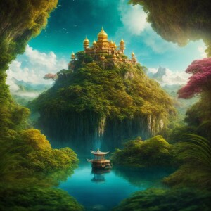 Create a digital painting depicting a central, floating island t...