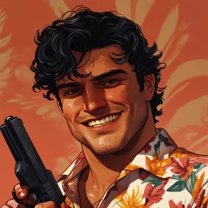 Cute man with black curly hair, short hair, thick eyebrows and a...