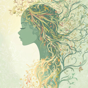 Vector-style woman as a living tree, hair flowing like branches...