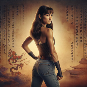 Athletic Thin skinny Attractive, Asian teenage girl, long brown hair and bangs, wearing tight skinny jeans and a halter top paint marks on her clothing, heroic pose Asian graffiti background,  backside view