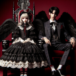 A girl with elegant gothic lolita dress sit beside handsome Lucifer, red background, thrones