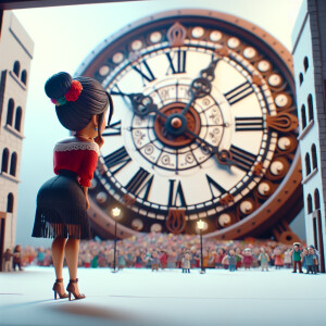 A woman watching a giant clock we can only see her back