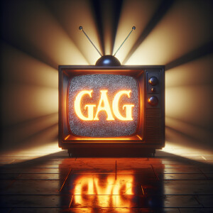 Eerie scene of a tube tv with the word “GAG” on the screen