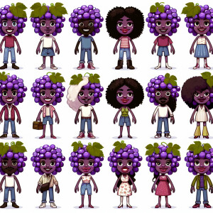 Create a series of characters with grape clusters for heads, eac...